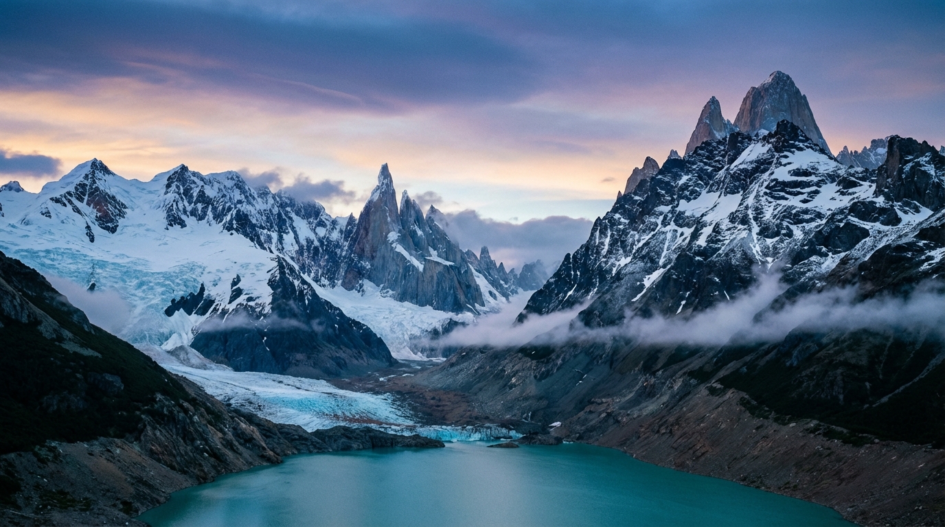 Sweeping cinematic landscape of Patagonian mountains at blue hour, jagged snow-capped granite peaks, a turquoise glacial lake in the foreground, low clouds threading through the valleys, fine art photography
