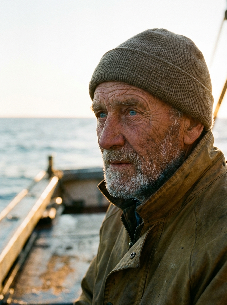 Editorial portrait of an elderly fisherman at dawn, deep weathered wrinkles, salt-and-pepper beard, piercing blue eyes looking into the distance, golden rim lighting from the rising sun behind him, shot on 85mm f/1.4