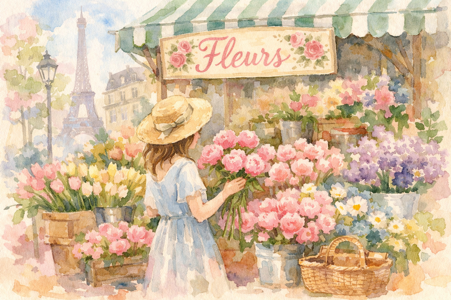 Watercolor illustration of a Parisian flower market in spring, pastel color palette, loose brush strokes, a woman in a straw hat selecting peonies, charming hand-lettered sign reading "Fleurs", whimsical and romantic