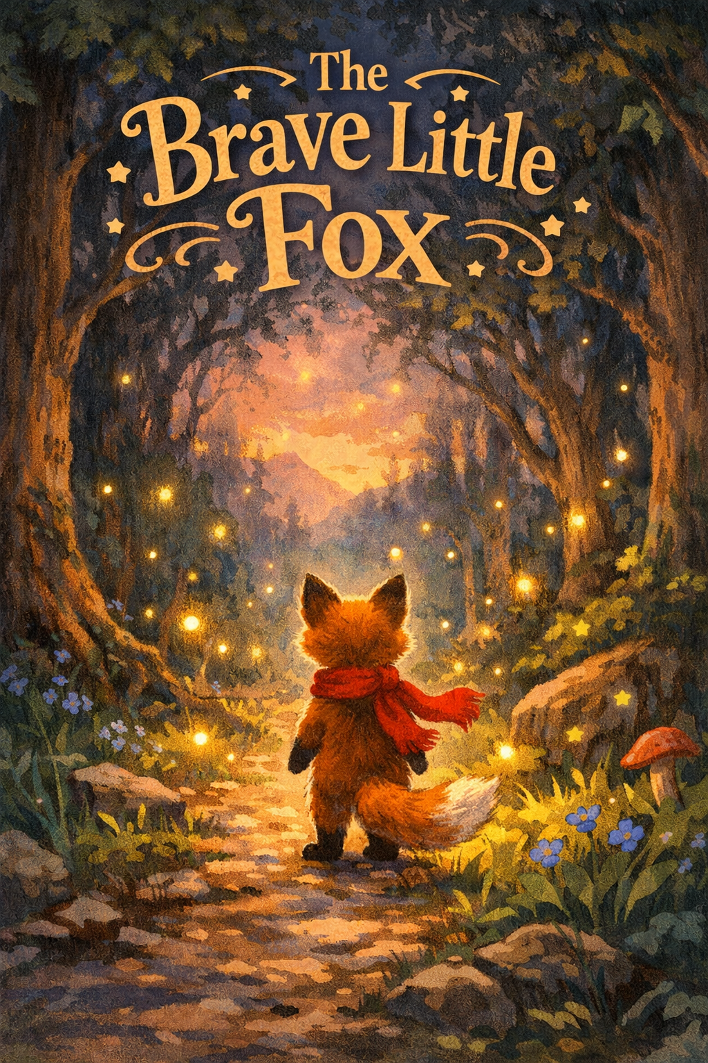 Illustrated children's book cover, a brave little fox wearing a red scarf standing at the edge of an enchanted forest, fireflies glowing in the twilight, magical atmosphere, hand-painted texture