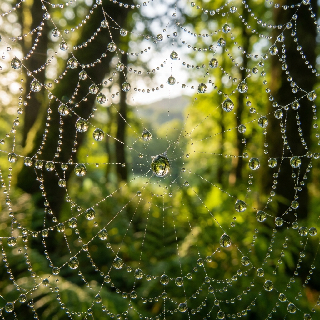 Hyper-detailed macro photograph of morning dew drops on a spider web, each droplet refracting a tiny inverted landscape, soft bokeh forest background in emerald green, golden hour backlight