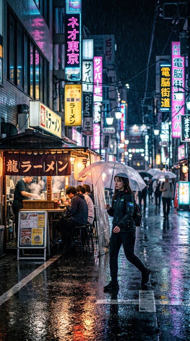 Futuristic Tokyo street at night in heavy rain, neon signs reflecting on wet asphalt, a woman with a transparent umbrella walking past a ramen stall, cyberpunk atmosphere, shallow depth of field