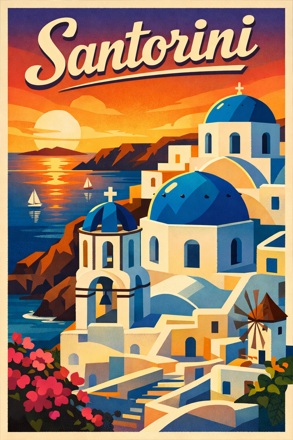 Retro travel poster design for Santorini Greece, bold geometric shapes, white-washed buildings with blue domes overlooking the Aegean Sea, warm sunset gradient sky, vintage typography reading "Santorini"