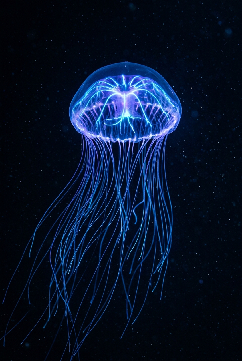 A bioluminescent deep-sea jellyfish floating in pitch-black ocean water, translucent bell glowing electric blue and violet, trailing tentacles like fiber optic threads, macro photography style