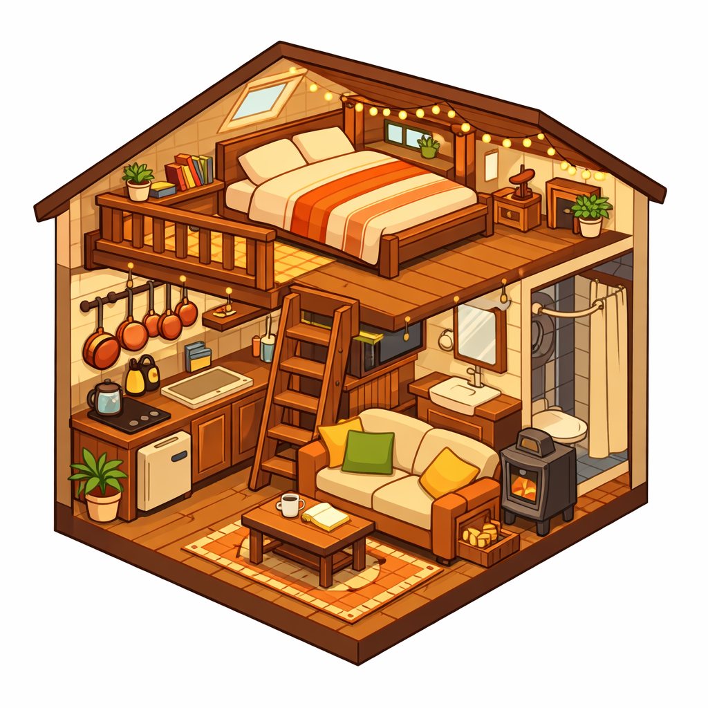 Isometric cutaway illustration of a cozy tiny house, showing interior rooms with miniature furniture, a small kitchen with hanging copper pots, a loft bedroom with fairy lights, warm color palette, clean vector style