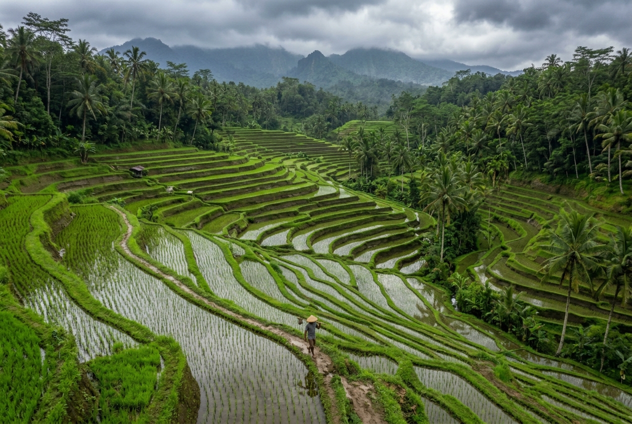 Aerial view of terraced rice paddies in Bali during monsoon season, vibrant emerald green tiers reflecting overcast sky, a lone farmer in a conical hat walking along a narrow path between flooded fields