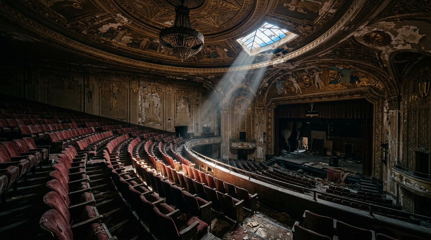 Cinematic wide-angle shot of an abandoned Art Deco theater, dusty velvet seats, crumbling gilded ceiling murals, a single beam of sunlight piercing through a broken skylight, dramatic chiaroscuro lighting