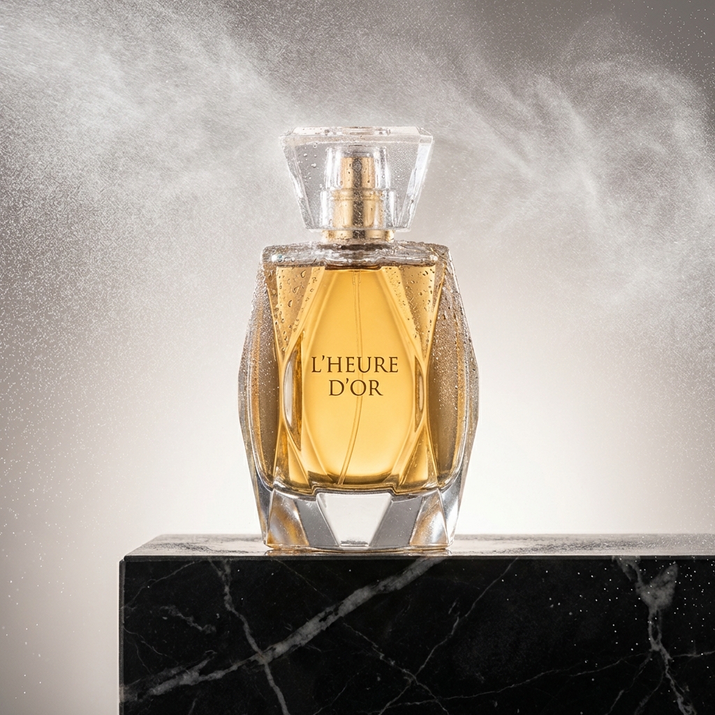 Luxury perfume bottle on a black marble surface, soft studio three-point lighting, crystal-clear glass with amber liquid, delicate mist condensation on the surface, commercial product photography