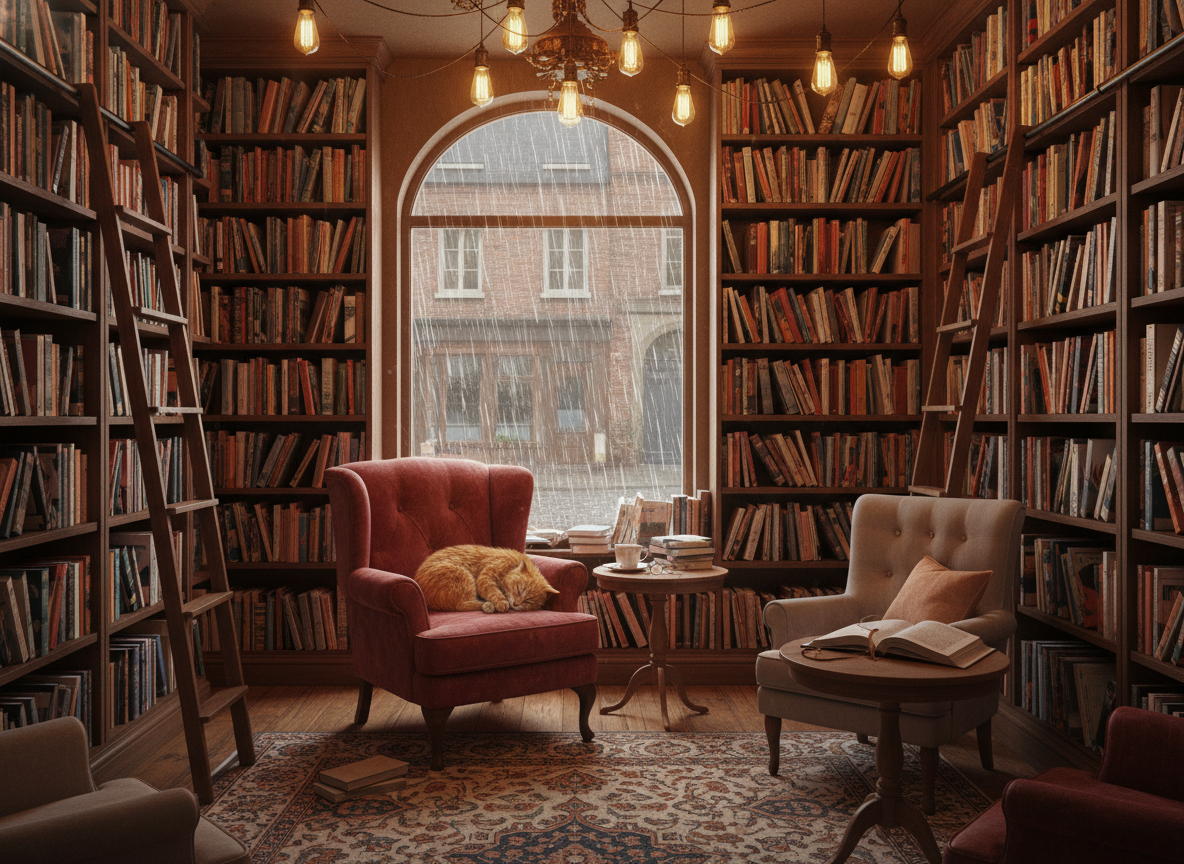 A cozy bookshop interior on a rainy afternoon, warm Edison bulb lighting, floor-to-ceiling wooden shelves overflowing with colorful books, a tabby cat sleeping on a velvet armchair, rain streaking down the window