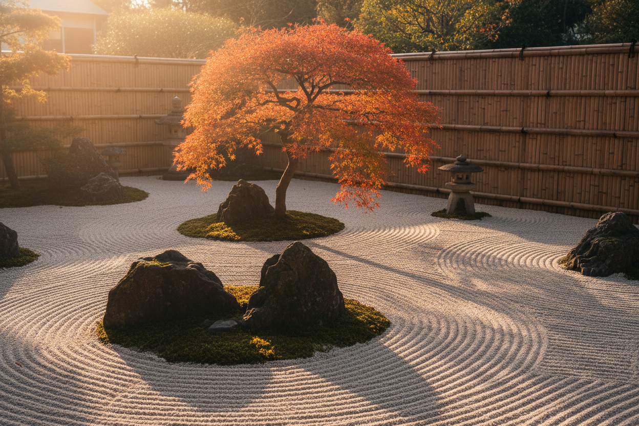 A serene Japanese zen garden at golden hour, raked white sand with concentric circle patterns, moss-covered stones, a small maple tree with red autumn leaves, soft warm sunlight filtering through bamboo fence