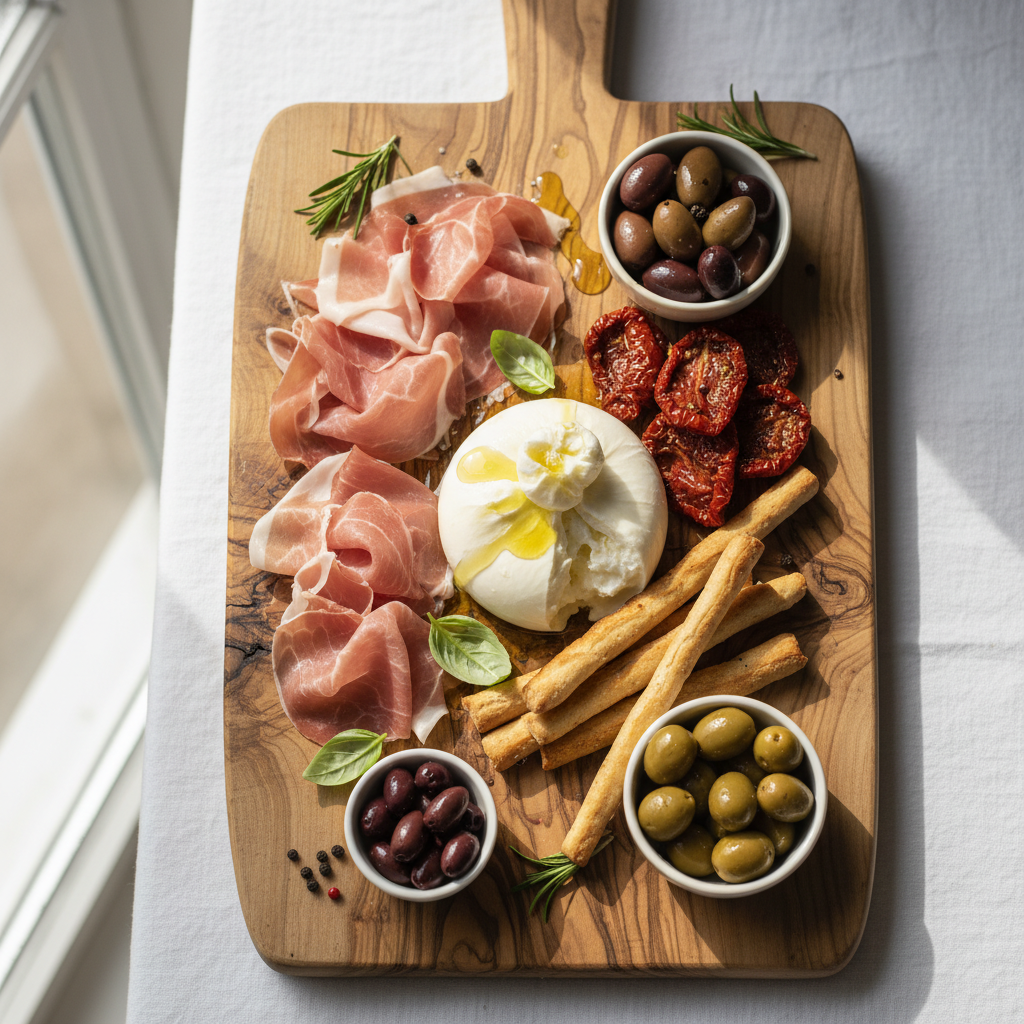 Overhead flat-lay of a rustic Italian antipasti spread on aged olive wood board, prosciutto, burrata, sun-dried tomatoes, fresh basil, golden olive oil drizzle, natural daylight from a window
